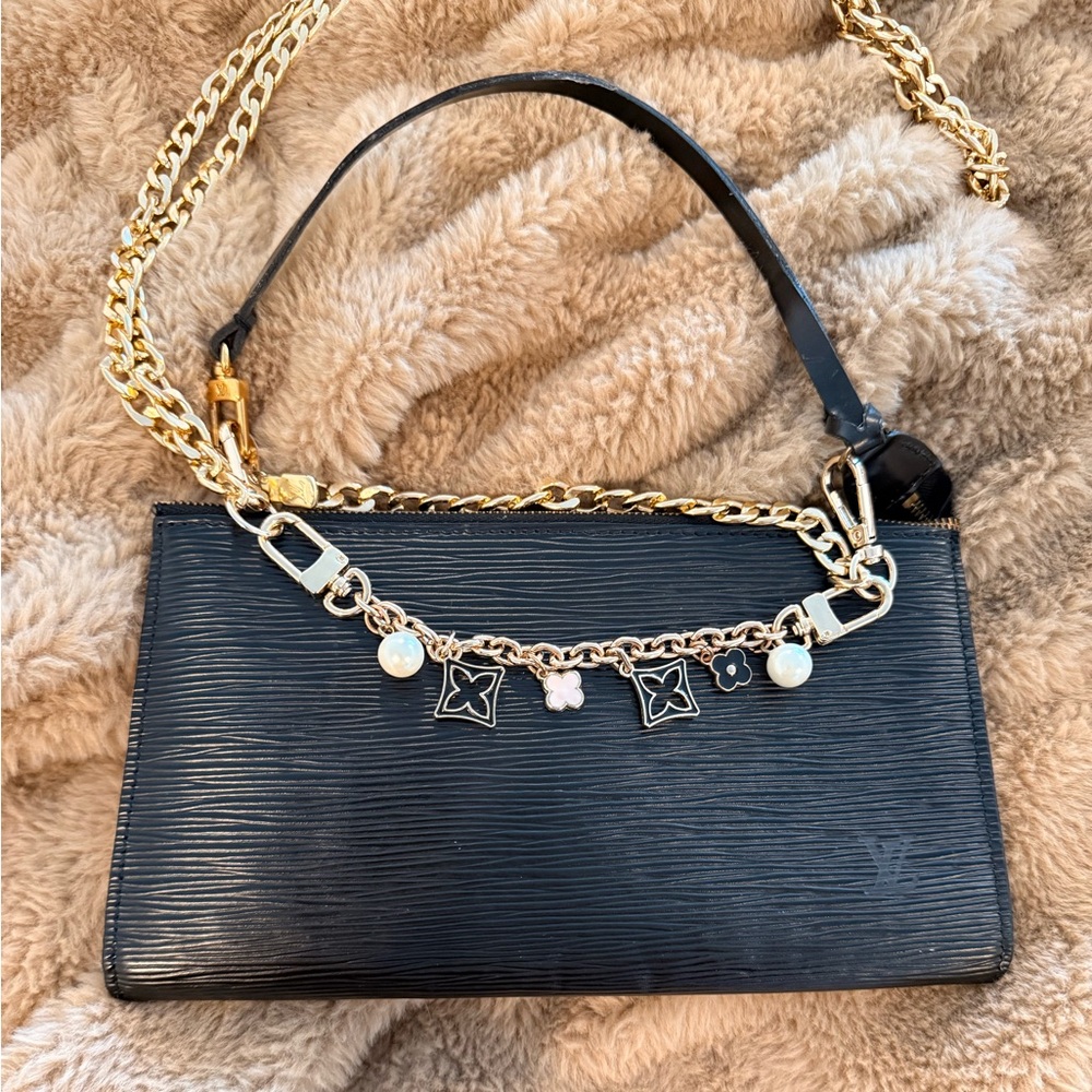 Louis Vuitton Black Epi Designer Handbag with Gold Chain and matching wallet.
